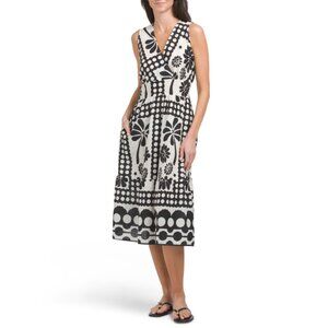 FRANCESCA BETTI Italy Linen Blend Sleeveless Floral Polka Dot Dress